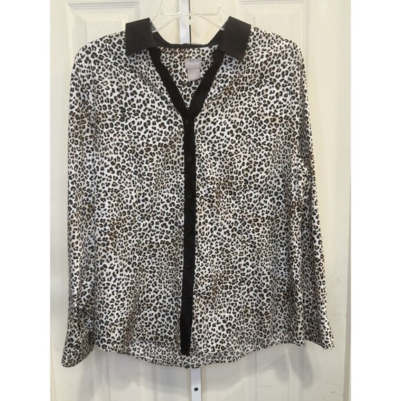 Chico’s Leopard Print Button Down Shirt 2 M/L Animal Print Black Trim No Iron - Picture 1 of 6